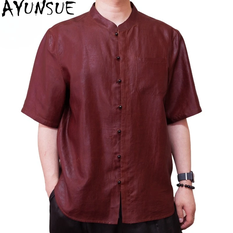

AYUNSUE Luxury 100% Natural Mulberry Silk Shirt for Men Summer Red Watered Gauze Shirts Short Sleeve Tops High-end Men's Shirt