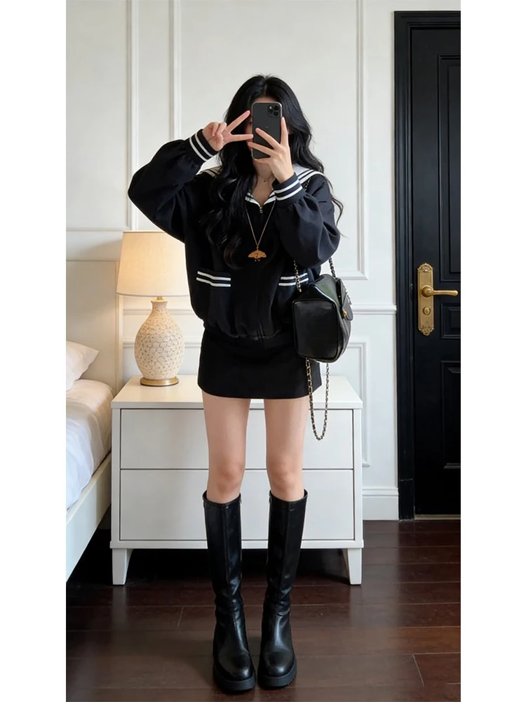 Spring 2026 Women's Zipper Long Sleeve Navy Collar Color Block Cardigan Jacket College Style Age Reduction Versatile Trendy Top