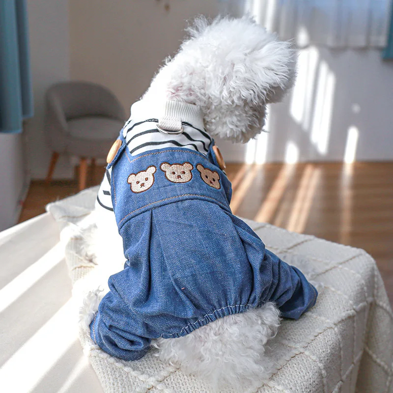 Bear Embroidered Dog Denim Overalls Striped Pet Jumpsuit Soft Cotton Dog Clothes with D-ring for Kitten Small Dogs Outfit
