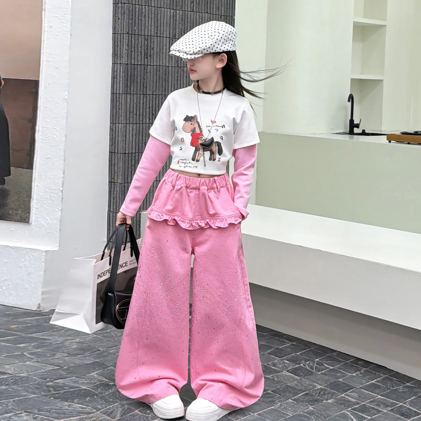 Fashion Kids pants Hot pressed shiny pants New Style Children Pants For Teen Girls Wide-leg Wave edge Long Pants Four Seasons