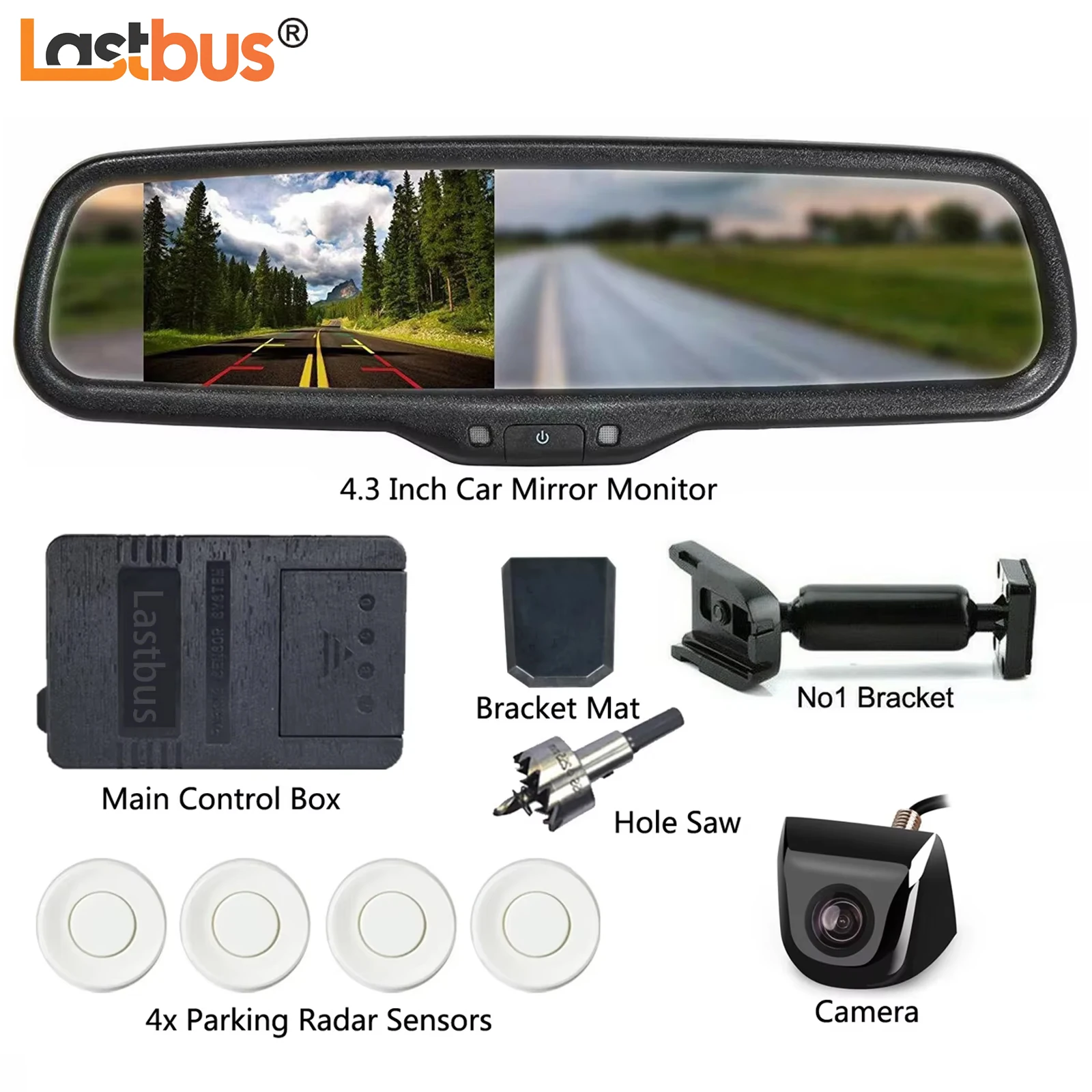 

Lastbus 4.3" Car Rear View Mirror Monitor No1 Mount+Parking Radar Sensor Backup Camera Black / White For Jeep Ford Toyota