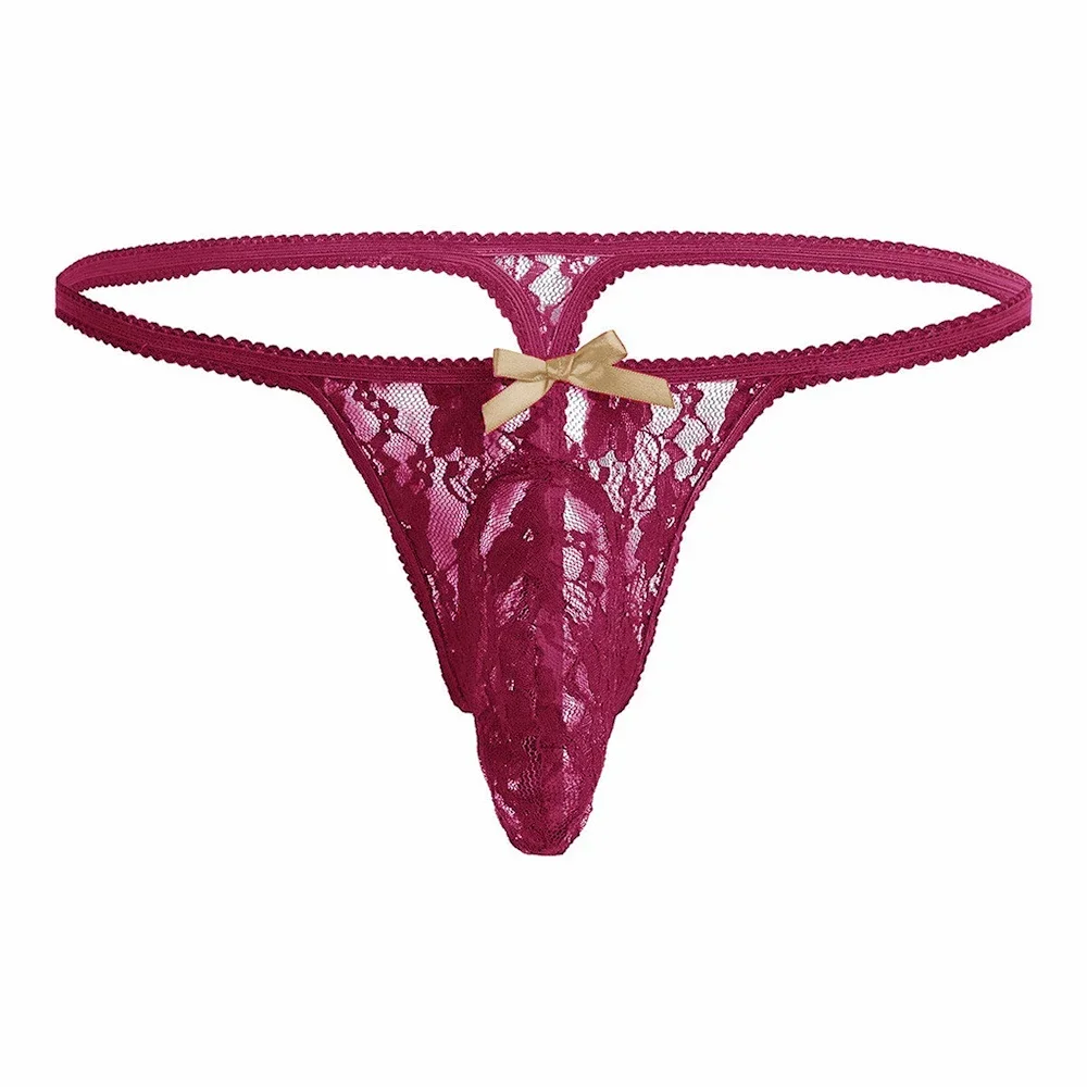Men‘s Thong Sexy Panties Mesh Underpants Breathable Underwear Bow Big Pouch Lace G-String Shorts Sissy Sensual Lingerie