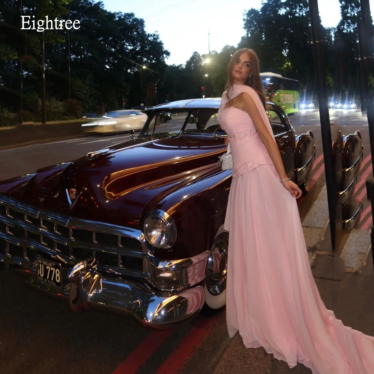 

Eightree Dreamy Pink A Line Prom Gowns Strapless Sequined Party Gown Floor Length Evening Dress vestidos de festa Customized