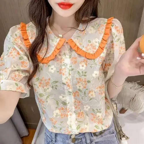 

Summer Fresh Embroidery Floral Baby Collar Short Sleeve Chiffon Blouse Women Bubble Sleeve Top