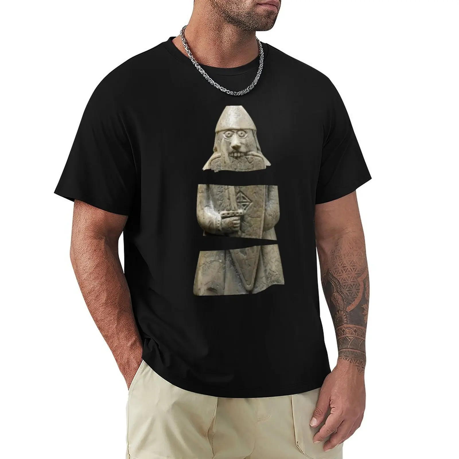 

Lewis Viking Chessmen - Shield-Biting Berserker, Slashed Design T-Shirt gifts for boyfriend mens clothes