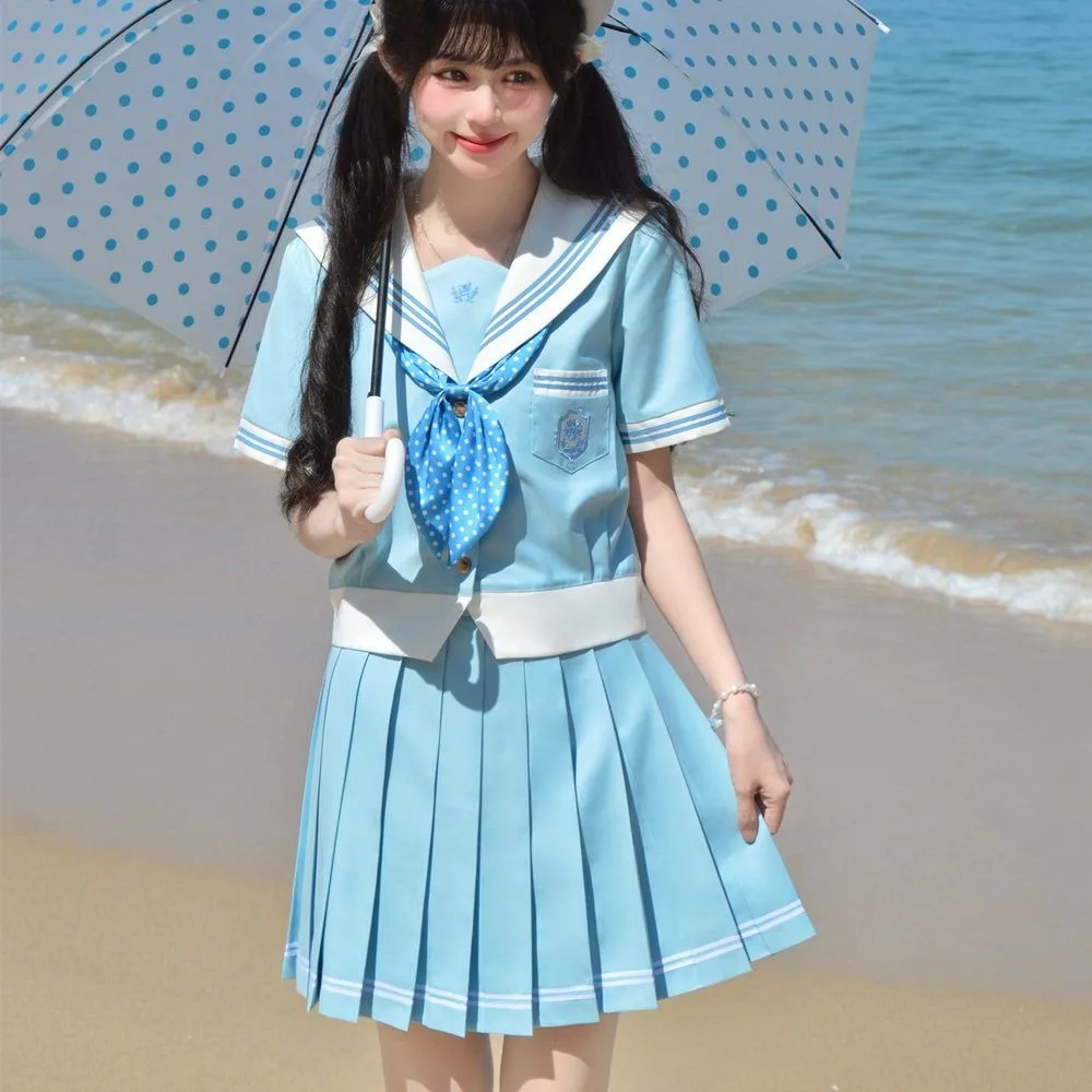 아쿠아 블루 화이트 JK 선원 복장 일본 대학 스타일 유니폼 플리츠 스커트 정장 여성용 여름 긴 소매 및 반팔
