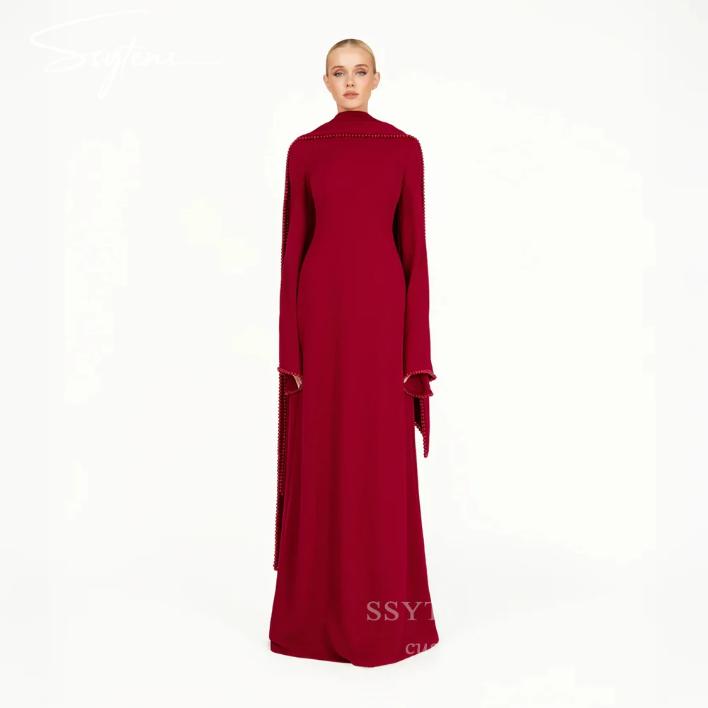 

SSYTENS Modest Wedding Guest Dresses for Women Pearls Shawl Burgundy Evening Gowns Long Sleeves Elegant Formal Party Dress 2026
