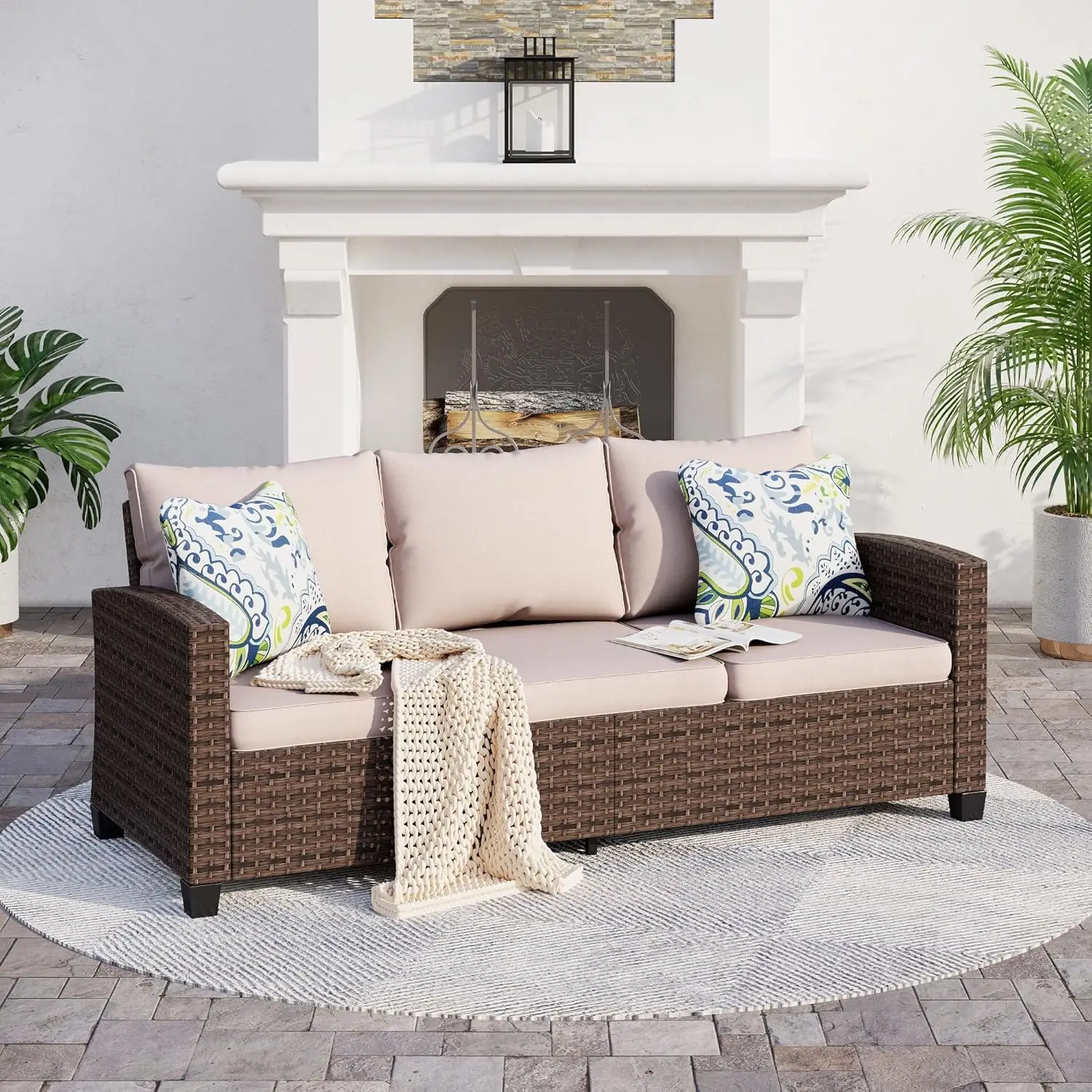 

Outdoor Patio 3-seat Wicker Rattan Patio Sofa，Outdoor Brown Premium Patio Furniture with 4" Thick Cushions for Garden,Lawn, Back