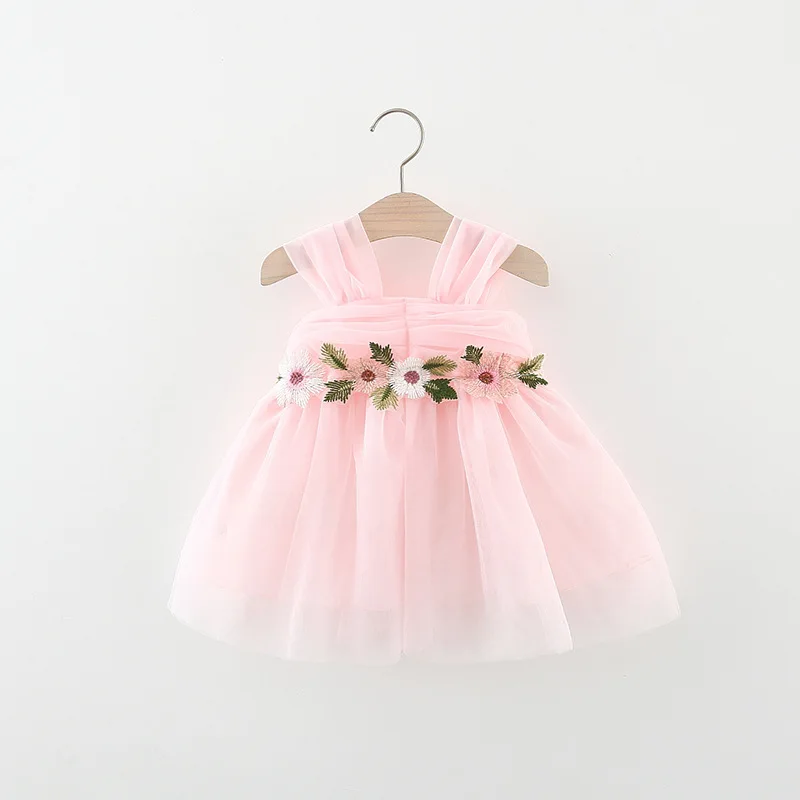 Summer girls dress baby girl embroidered flower decoration solid color mesh cute suspender fluffy skirt