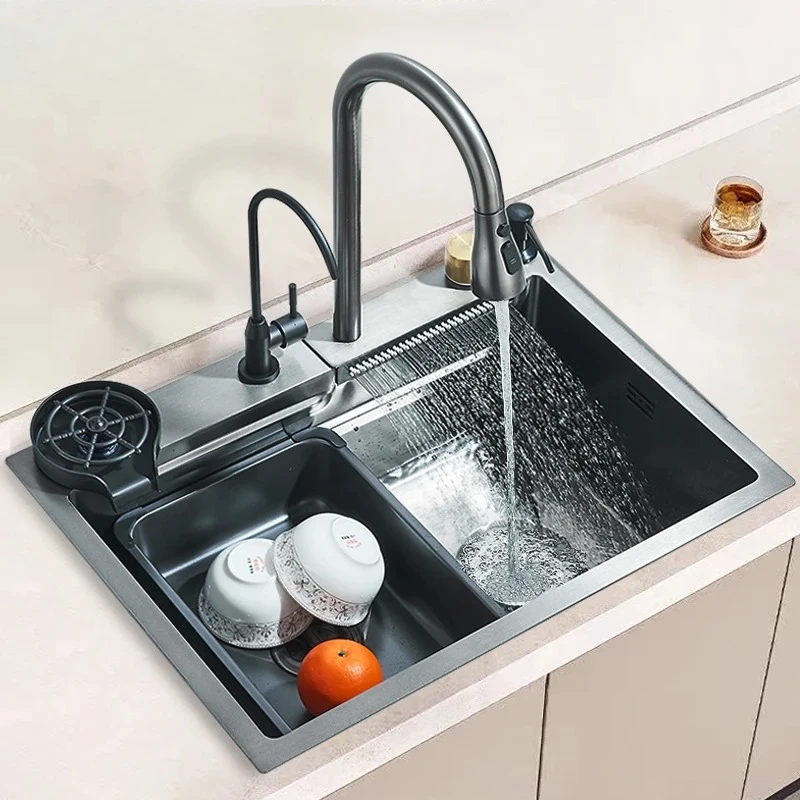 

Single Slot Kitchen Sink with Faucet 304 Stainless Steel Large 60x45cm Rainfall 4 Functions Sink with Soap Dispenser,Cup Washer