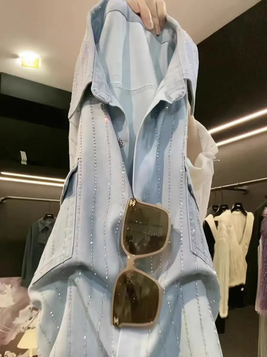 الفاخرة نمط Blingbling الترتر جيب الدنيم سترة بلايز للنساء المتضخم موضة الربيع قمصان جينز البلوزات #4