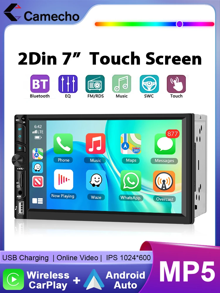 Camecho Autoradio 2 Din Draadloos Carplay Android Auto Universele auto-multimediaspeler Autoradio 7 inch HD-scherm FM Bluetooth - afbeelding 2