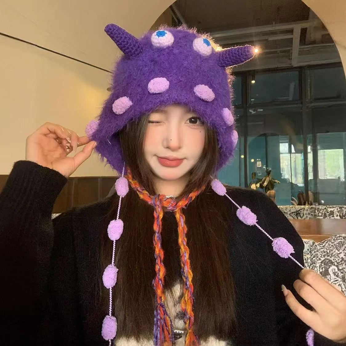 Candy Monster Knit Hat Women FallWinter Handmade Vibe Plush LookFunny Cartoon Ear Flap Beanie WarmCrazy Cap