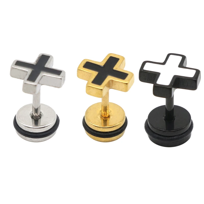 

Cross Ear Stud Earring Stainless Steel Golden Black 16G Bar Men Women Jewelry Screw Back