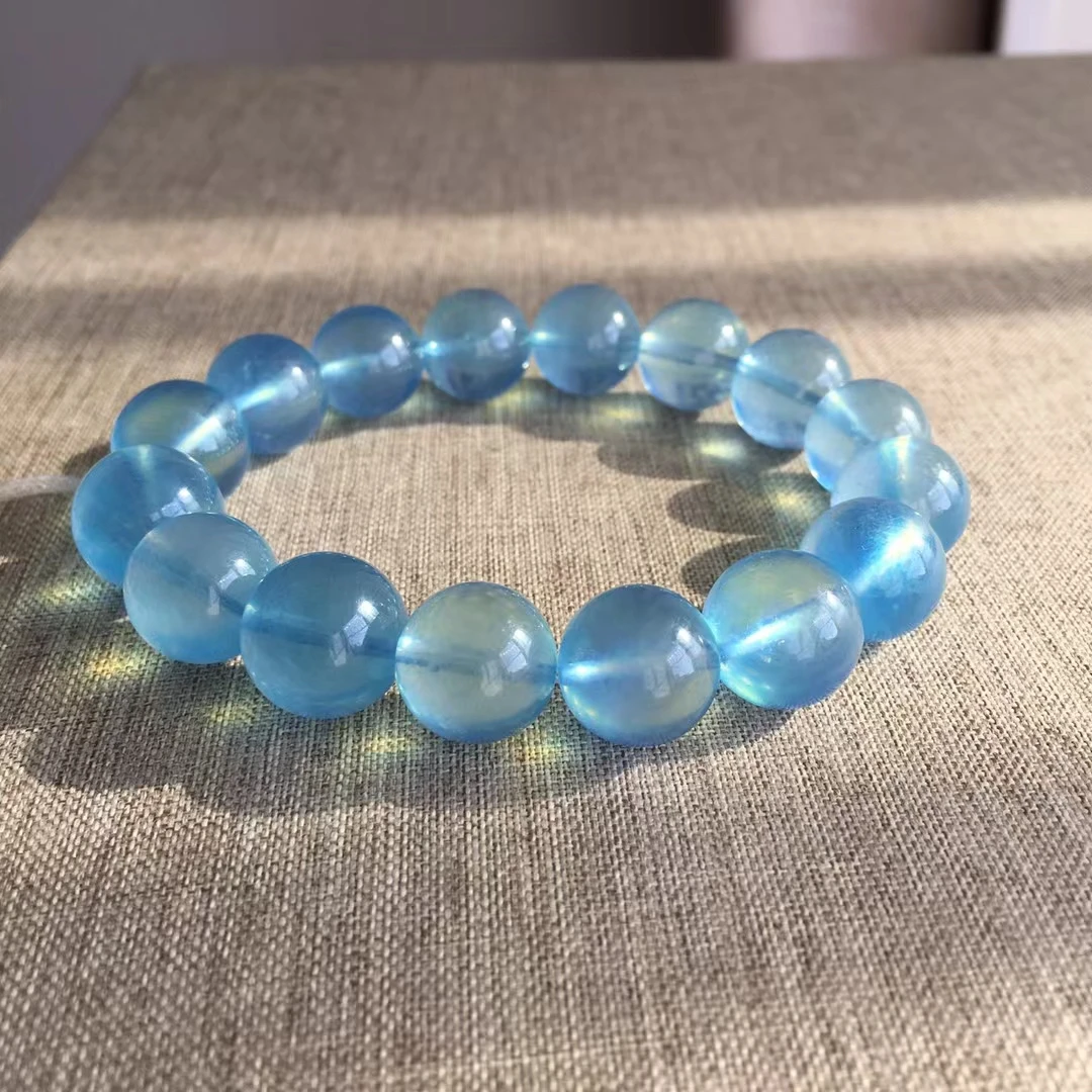 Natural Blue Aquamarine Round Beads Bracelet 13mm Women Men Gift Fashion Brazil Deep Blue Aquamarine Jewelry AAAAA