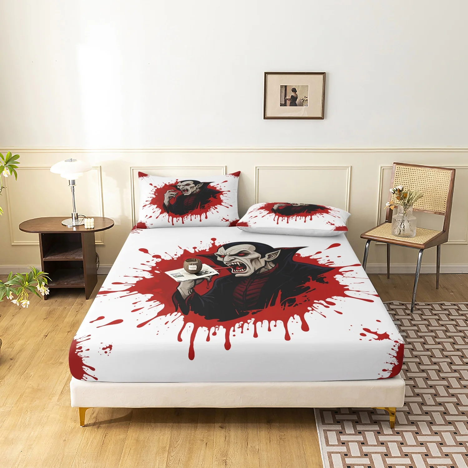 3 Pieces Spooky Gothic Vampire Print Fitted Sheet Set, Red Blood Splash Scary Horror Halloween Pattern Bedding