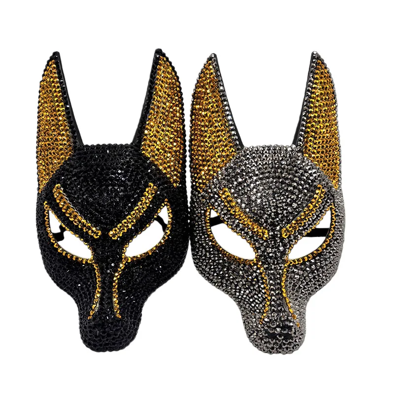 Maschera Anubis con strass scintillanti Maschera per travestimento del dio egiziano della morte per oggetti di scena per costumi di Halloween Maschera cosplay per feste in maschera