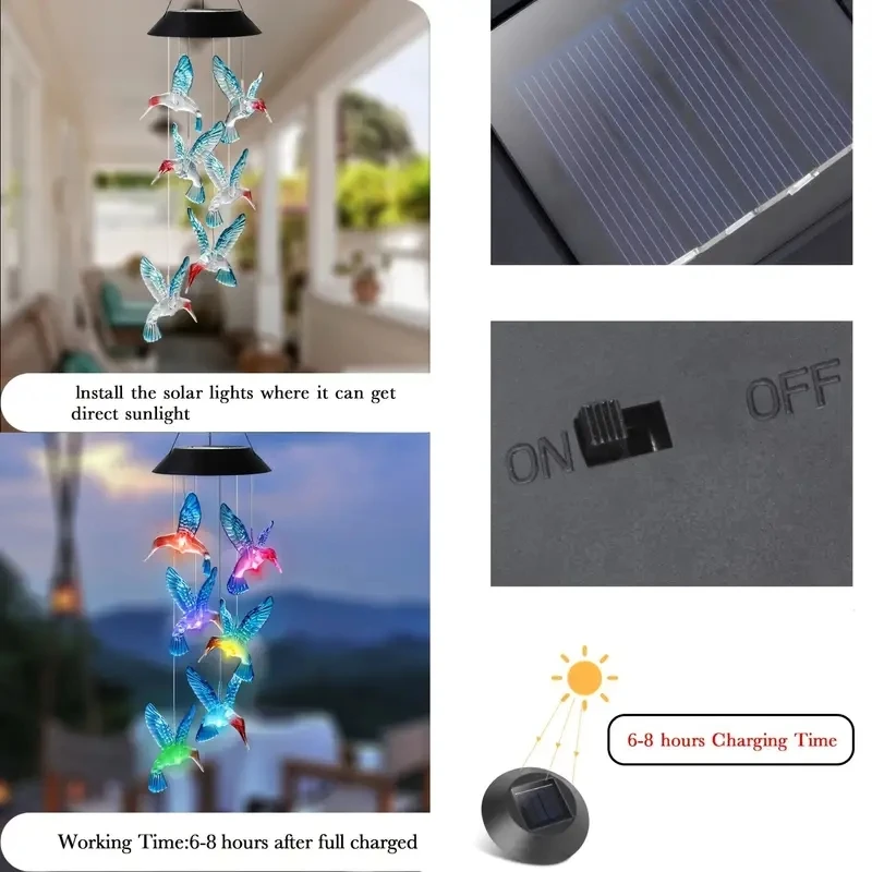 1/2 PC Solar Blue Hummingbird WIND CHIME LIGHT LED Hummingbird Courtyard WIND CHIME Light ภูมิทัศน์ Courtyard LIGHT