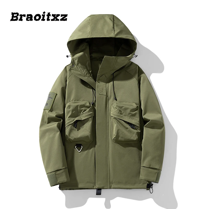 New Men Spring Autumn Fashion Casual Outdoor Windproof Mountain Climb Camping Cargo Jacket Coat Men Hooded Big Pocket Jacket Men