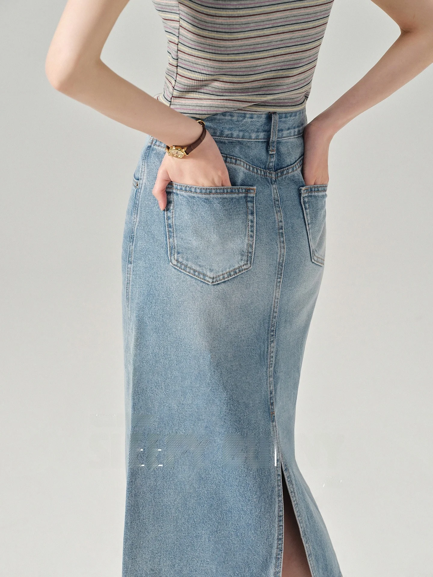 

Ретро джинсовая юбка женская летняя, маленький размер, повседневная, прямая, с разрезом, средней длины, с высокой талией, хлопковая, повседневная