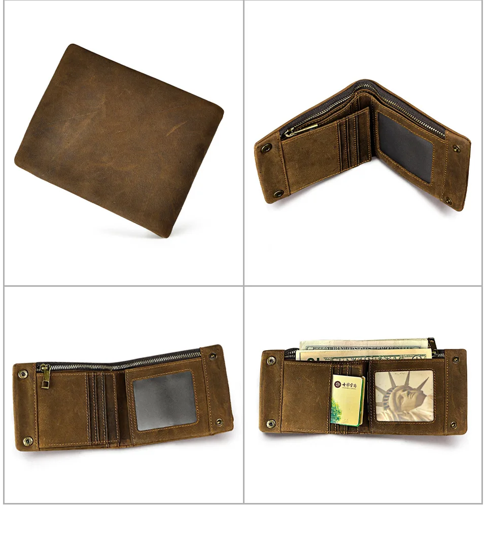 YETTIES Herren-Pull-Up-Geldbörse aus genarbtem Leder, kurzer Bifold-Reißverschluss mit abnehmbarer Kette, praktische Retro-Clutch für Herren – Detail 13