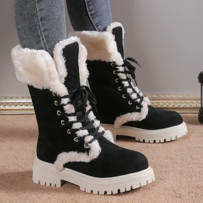 Thicken Plush Women\'s Winter Snow Boots 2023 Fur Platform Boots Woman Mid-calf Lace-up Snow Boots for Women Warm Cotton Shoes