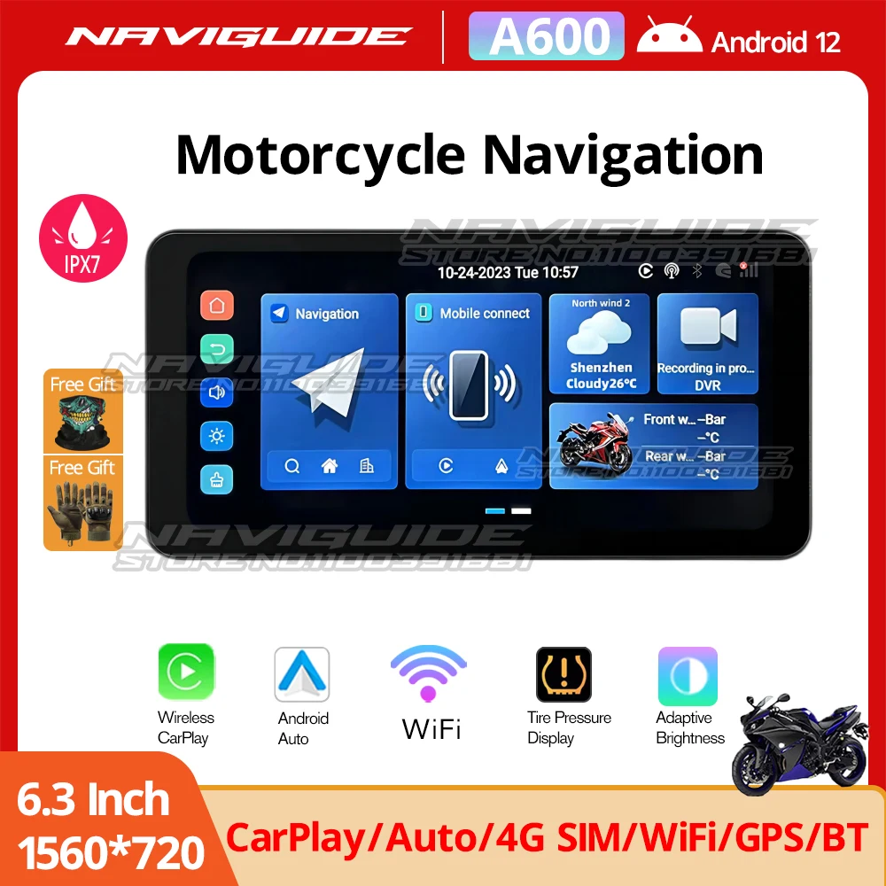 

NAVIGUIDE A600 6.3 Inch Android 12 CarPlay Motorcycle GPS Wireless Android Auto Screen Portable Moto Monitor Optional DVR TPMS