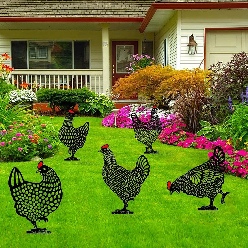 5Pcs Garden Decoration Chicken Acrylic Garden Statue Decor Chicken Silhouette Garden Stake Chicken Yard Art Garden Lawn