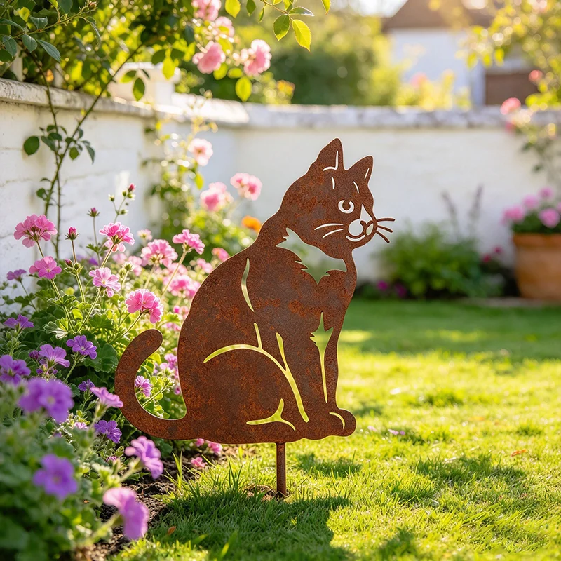 Rusty Metal Cat Garden Stake, Outdoor Yard Art Decor, Rustic Iron Animal Lawn Ornament for Patio Landscape