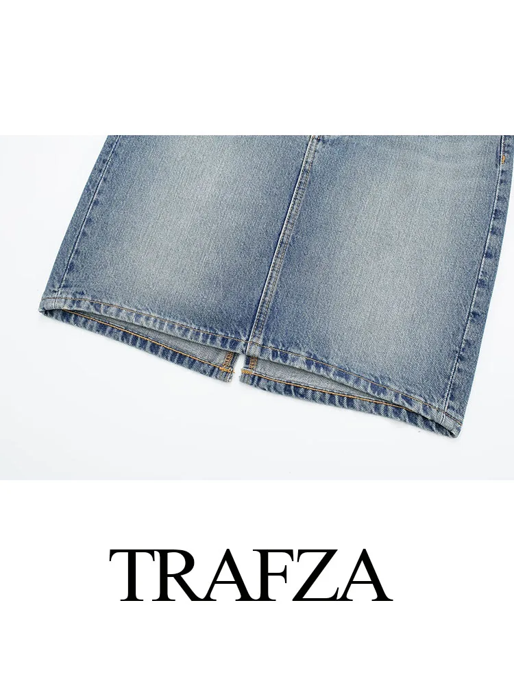 Trafza กระโปรงยีนส์มีซิปสำหรับแฟชั่นสำหรับผู้หญิง, กระโปรงเอวสูงบางกระโปรงลายสก็อตย้อนยุคของผู้หญิงกระโปรงไฮสตรีทเทรนไฮทราฟฤดูร้อน