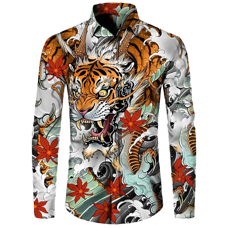 3D Printed Tiger Men's Turn-down Collar Button Shirt Chinese Style Vintage Long Sleeve Tops Hawaii Party Streetwear Shirts Tees