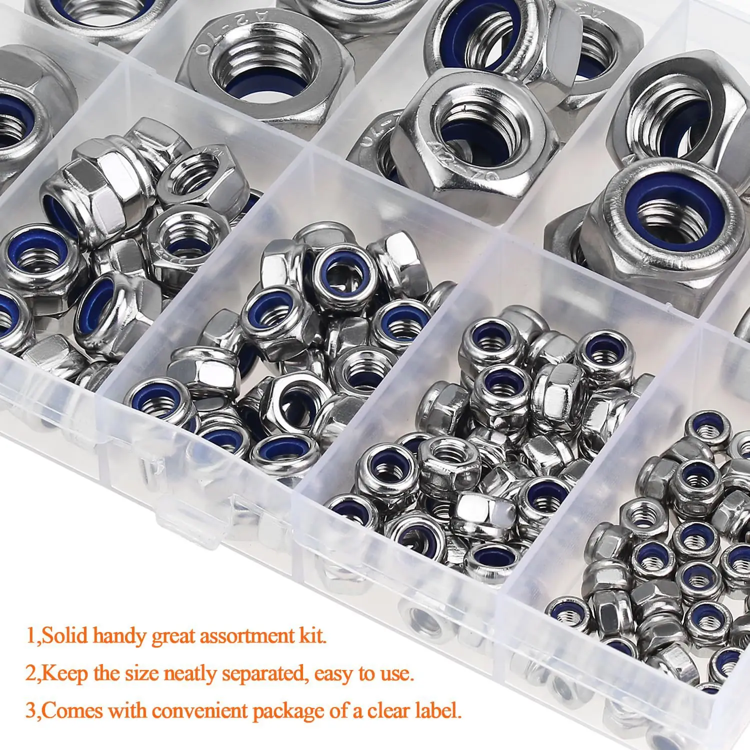 125pcs Nylon Hex Lock Nut Set 304 Stainless Steel Locknut M3 M4 M5 M6 M8 M10 M12 Hexagonal Self Nylon locking Nut Assortment Kit