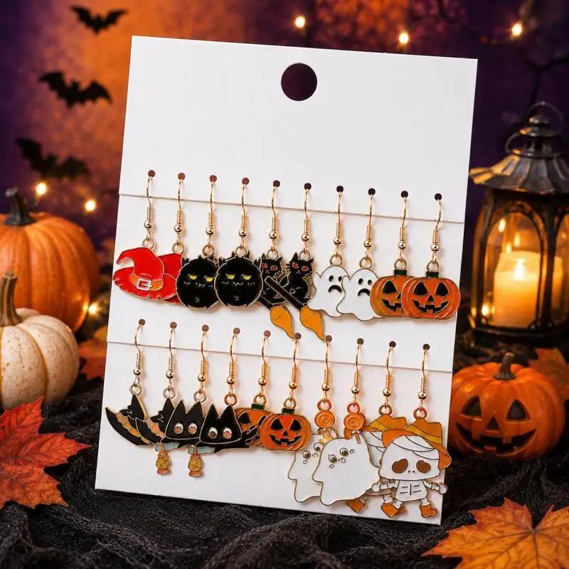 10 Pairs Halloween Earrings Set,Cute Ghost Pumpkin Witch Cat Dangle Earrings for Halloween Party Costume Accessories Gift
