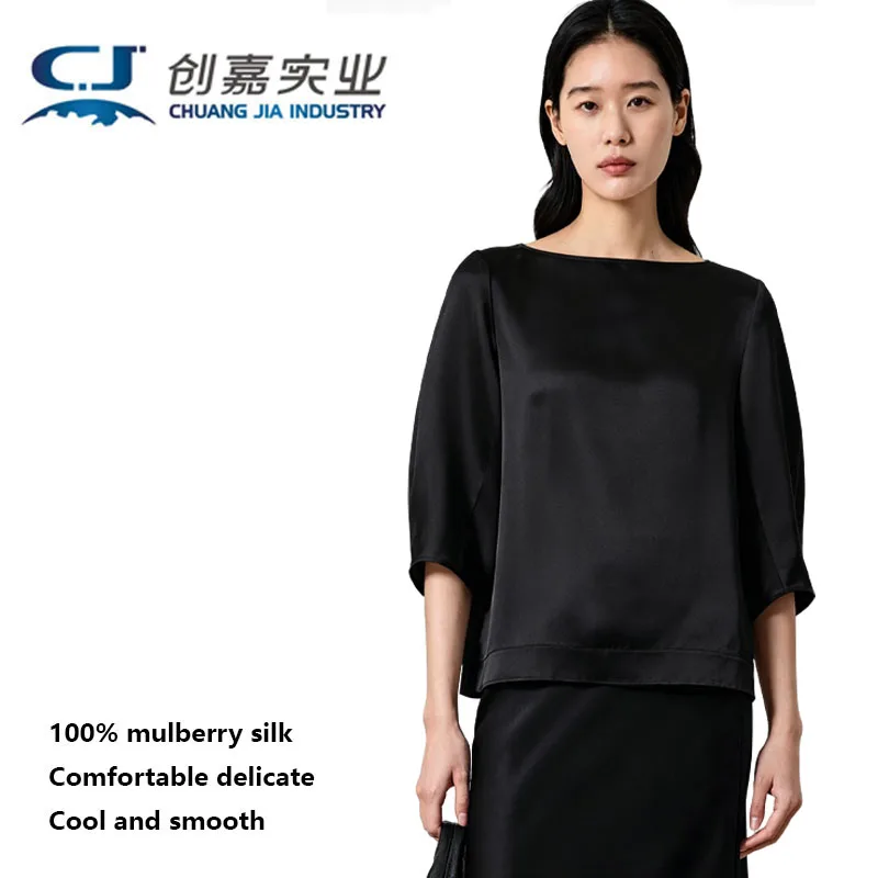 100% Silk Women's T-shirt Simple Style, Fashionable Spring Summer Single-Shoulder Collar Pullover Light Cool Breathable Shirt