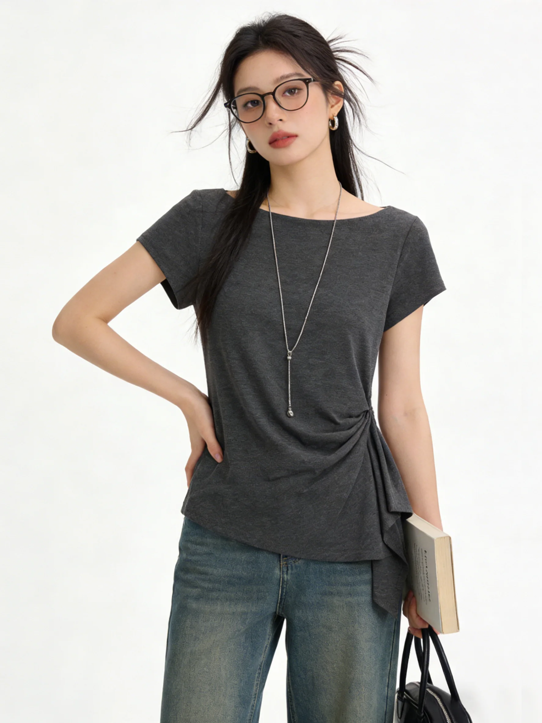 Korean Style Skin-Friendly Short Sleeve T-Shirt Simple Wavy Design Summer Slimming Folded Top Anti-Aging Lazy Style Women's F...