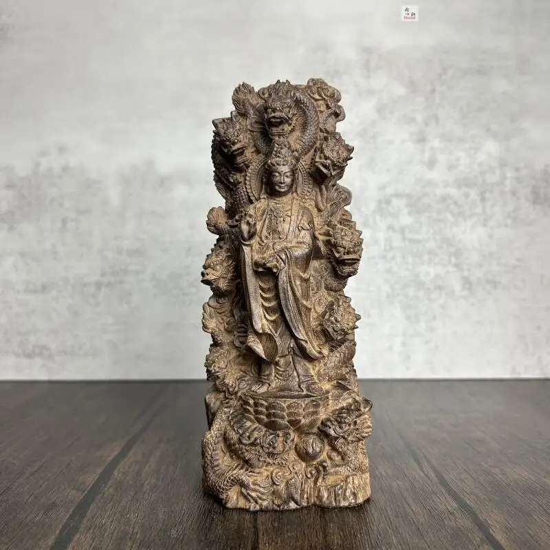 Natural wood carving Nine Dragon Guanyin Bodhisattva Buddha statue home Buddhist hall offerings desktop decorations ﻿