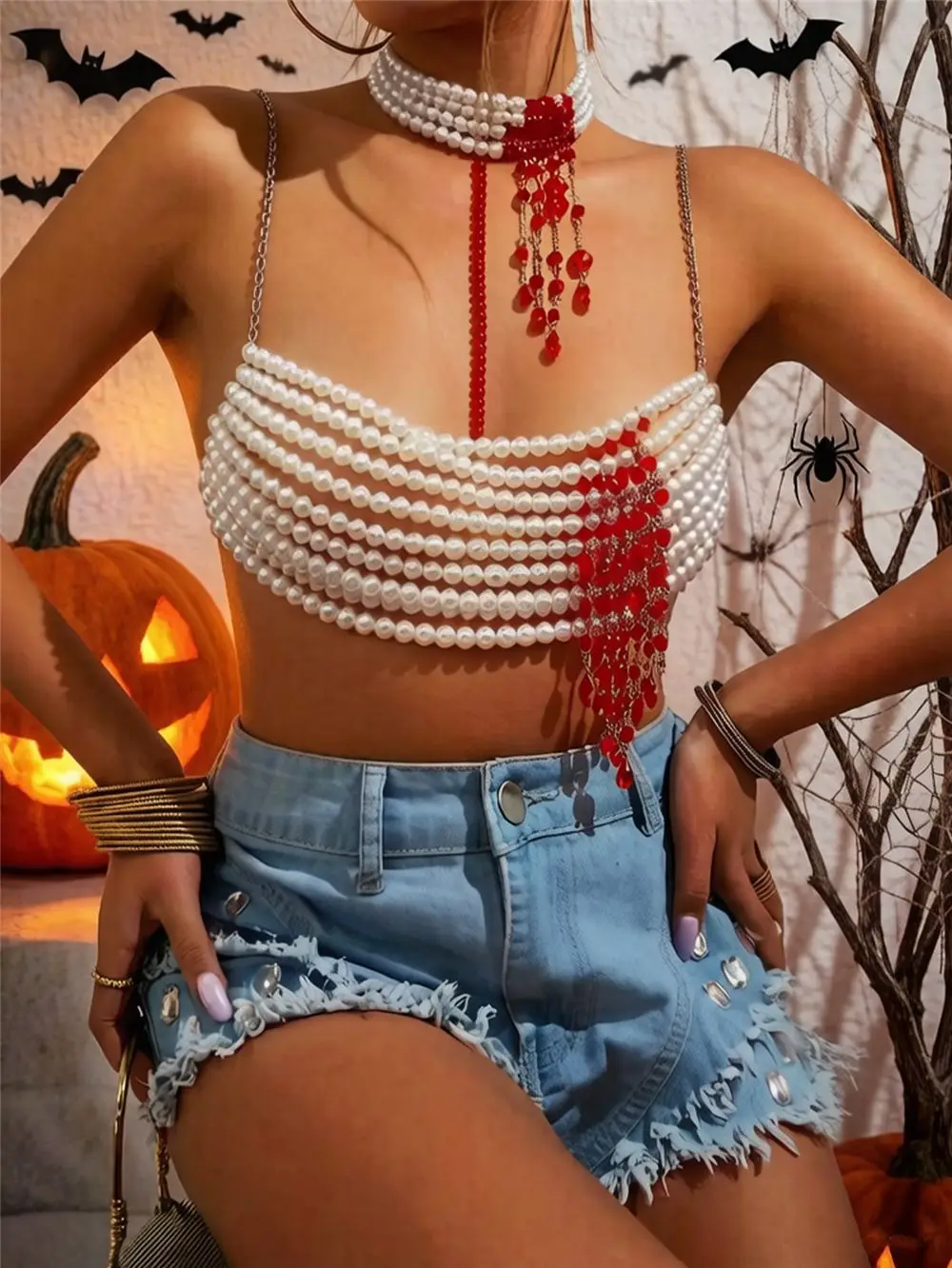 European And American New Pearl Camisole Vest Halloween Party Spicy Girl Hollow Out Short Crop Top With Exposed Navel Bra