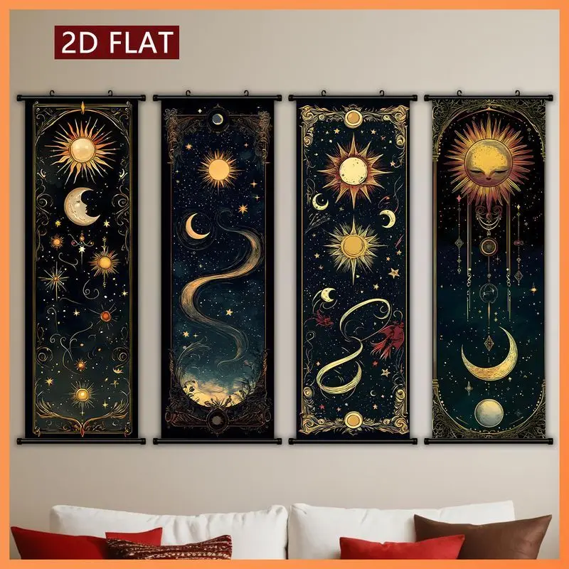VIKAMA Celestial Sun Moon Wall Scroll Tapestry Black Gold Astrology Star Tarot Hanging Scroll Gothic Mystic Wall Art Decor