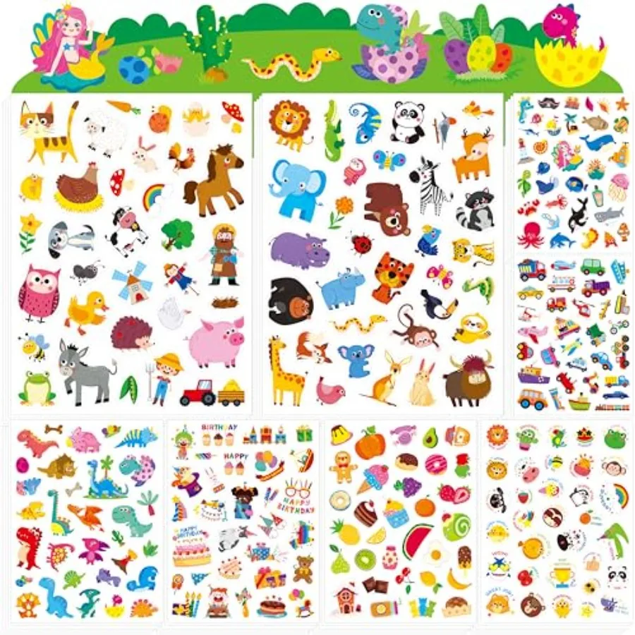 1300 pegatinas adorables con animales de granja, vida marina, animales salvajes, vehículos, dinosaurios, comida y temas de fiesta, ideales para Cl