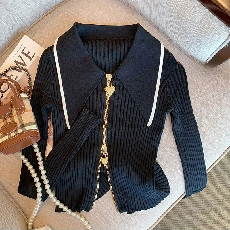 

American Spice Girl Double Zipper Slim-fit Long Sleeve Knitted Cardigan Women's 2024 Autumn New Niche Versatile Temperament Top