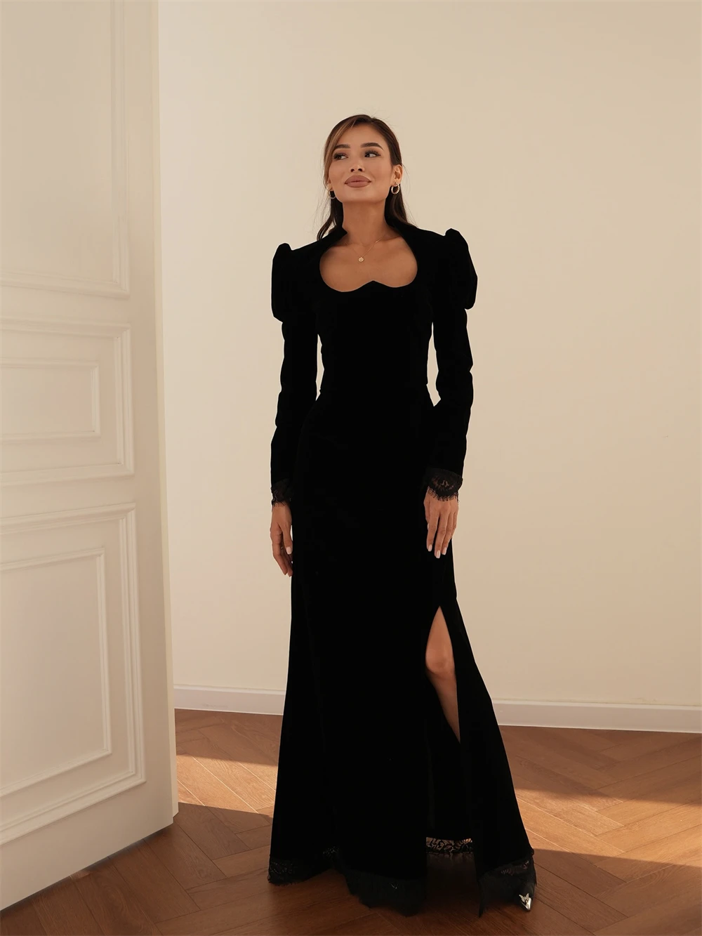 

Customized Elegant Black Jersey Evening Dress Fashion Long Sleeves Celebrity Gowns Exquisite Sweep Train Vestido De Festa