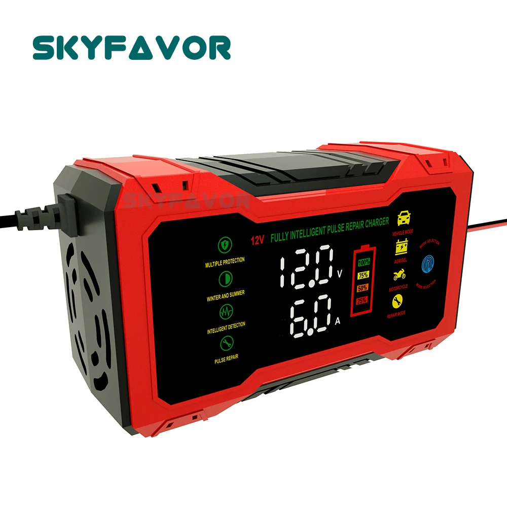 新入荷 12V 車用バッテリー充電器 12V 6A 自動 AGM ゲル WET カルシウム ディープサイクル VRLA パルス修復 鉛蓄電池充電器