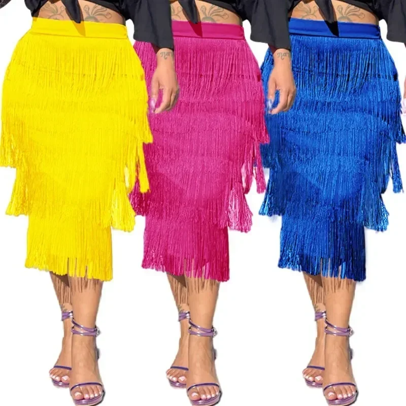 African Clothes for Women Summer African Women Sexy High Waist Tassel Polyester Black White Green Yellow Blue Long Skirts S-4XL