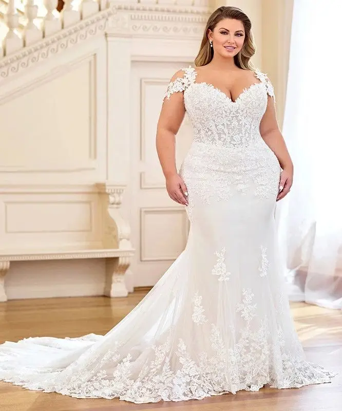 Customized Plus Size Princess Mermaid Wedding Dresses Cap Sleeve Lace Applique Floral Outdoor Church Country Wedding Bride Gowns