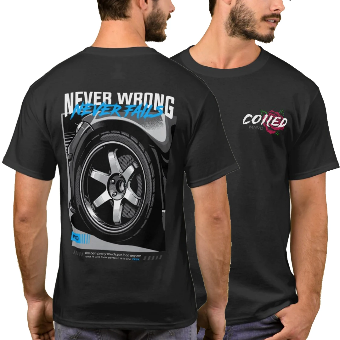 

TE37 Never Wrong Never Fails Automotive Rim Illustration T-Shirt 100% Cotton O-Neck Short Sleeve Summer Casual Mens T-shirt