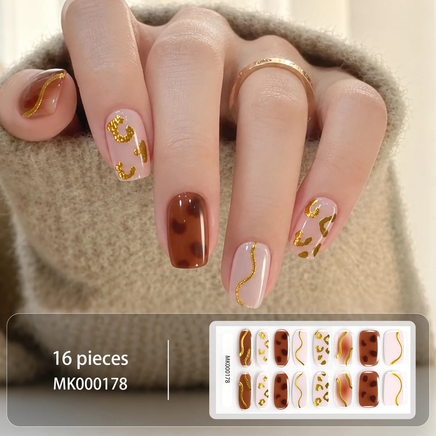16Tips No Bake Gel Nail Stickers Caramel Brown Leopard Print And Gold Glitter Curve Design Nail Wraps Long Lasting Nail Strips *