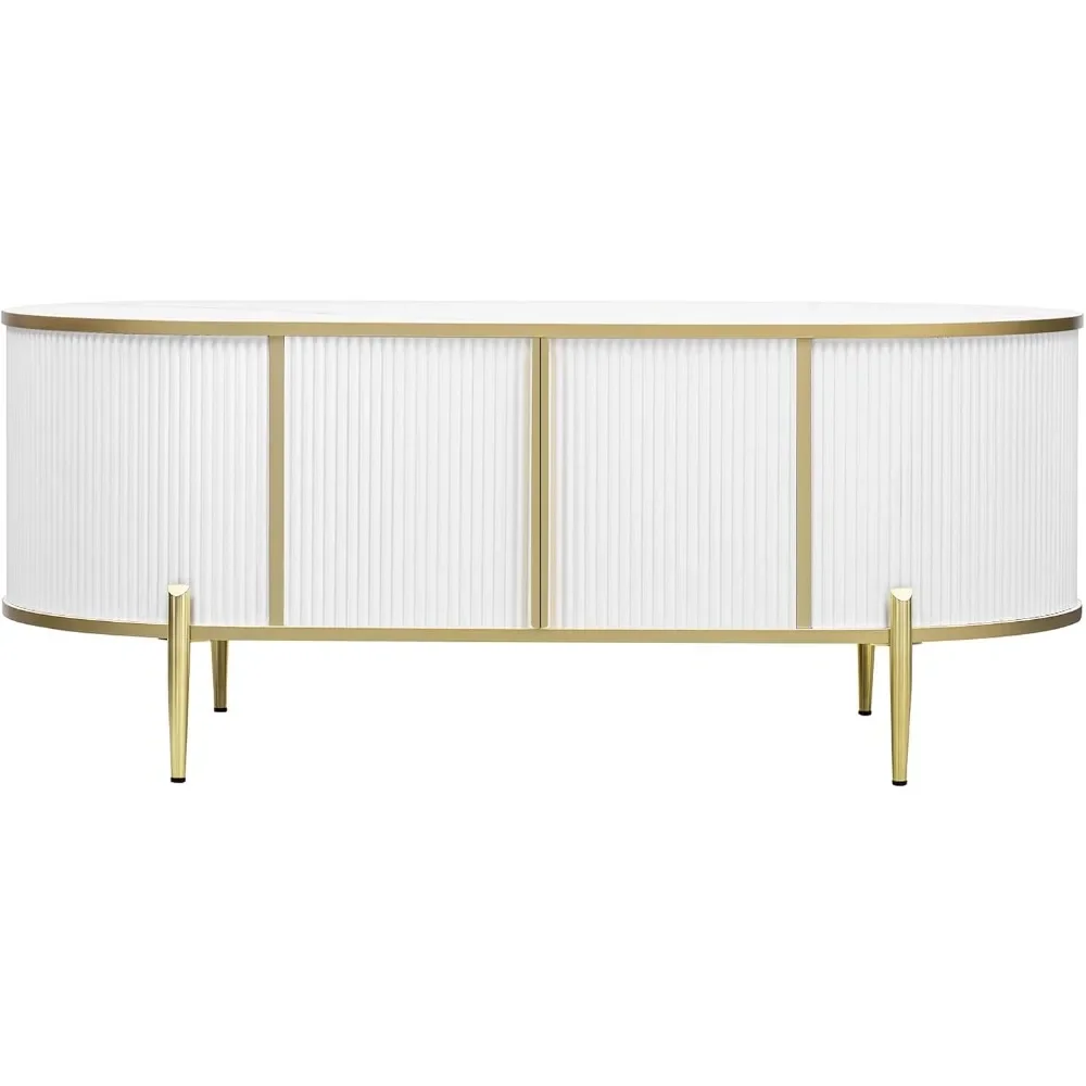 Oval Shaped Fluted Coffee Table with Marble-Patterned Top, Stylish 2 Cabinets and Durable Metal Legs