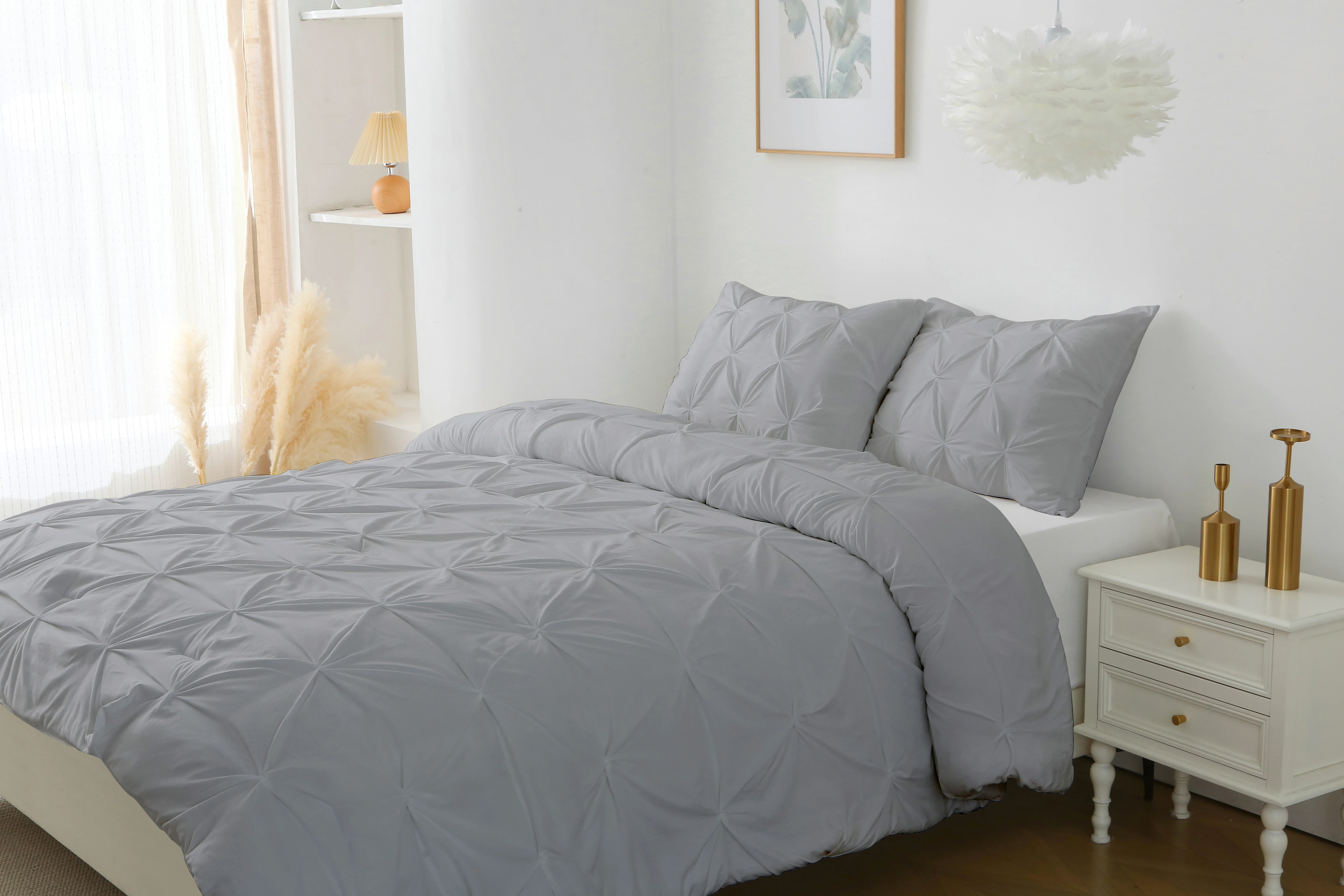 

Queen Comforter Set, 3 Pieces Pintuck Bedding Set with 1 Down Alternative Comforter and 2 Pillow Shams, Gray