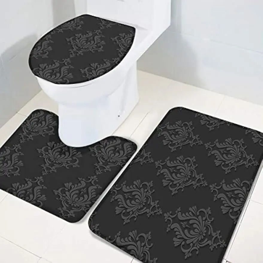 Brown Bath Mat 3 Piece Bathroom Rugs Set Non Slip, Soft Water Absorbent fot Tub Floral Damask Art Pattern 1