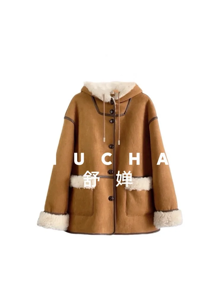 

100% Wool Coat Women New Warm Hooded Jacket, Lamb Wool Warm Fur, Autumn and Winter New Casacos Femininos Inverno